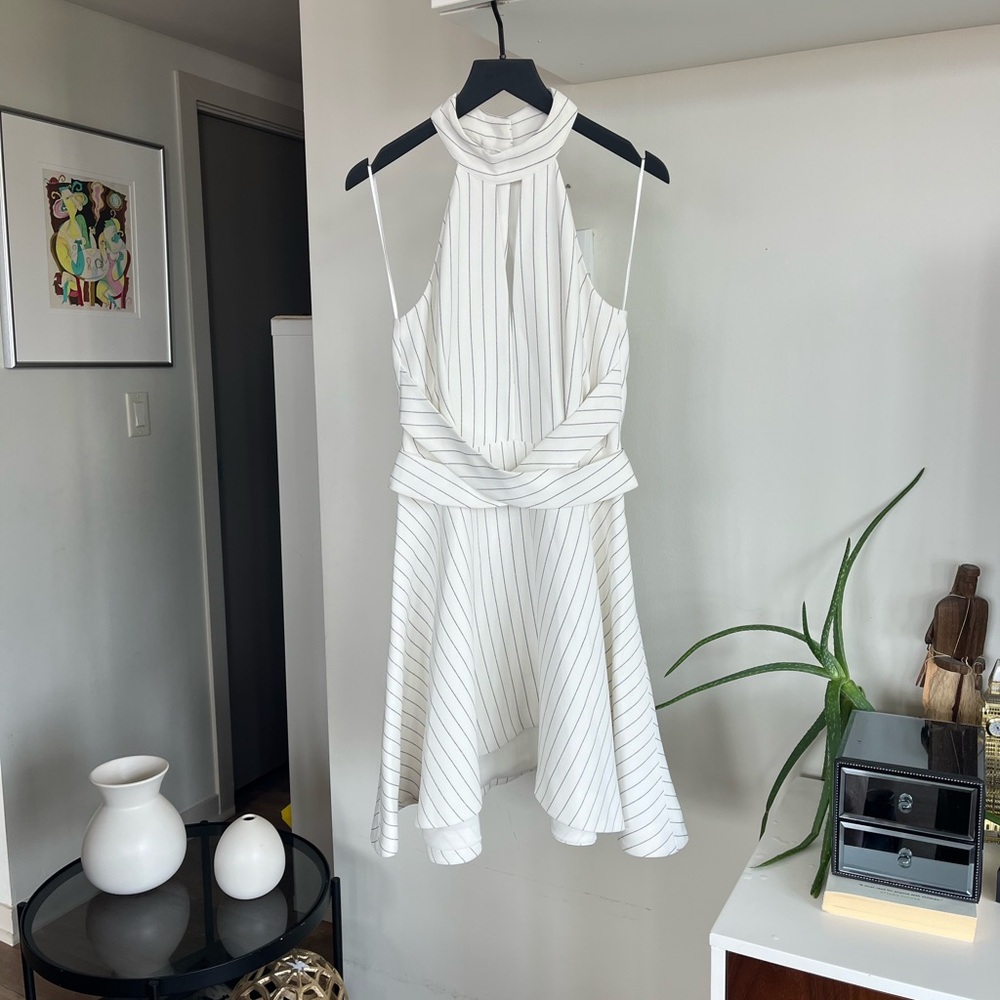NWT C/MEO Collective ‘I'm New Here' Striped White Backless Formal Wedding Dress